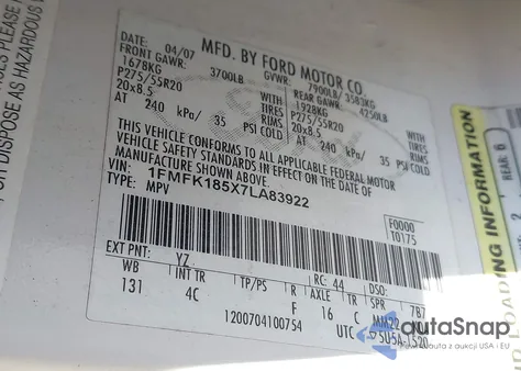 2007 Ford Expedition El Eddie Bauer from USA, damaged, VIN 1FMFK185X7LA83922